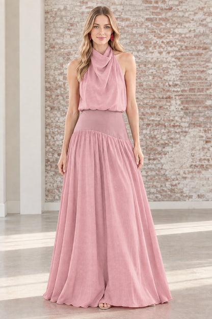 Dusty pink draped halter neck backless formal maxi dress