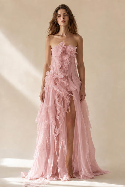 Pink variant of the strapless ruffled tulle evening gown