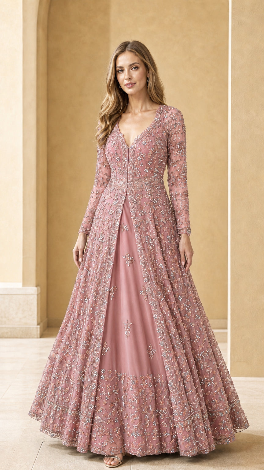 Dusty pink embellished long sleeve formal maxi dress