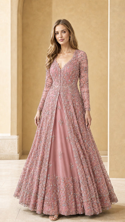 Dusty pink embellished long sleeve formal maxi dress