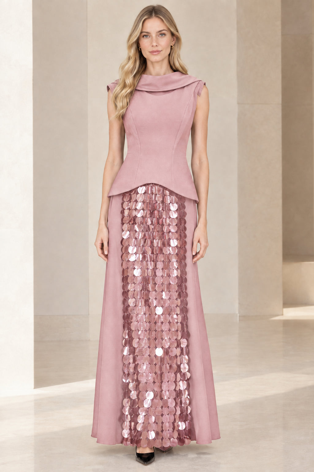 Full front view of model in dusty rose pink cowl neck peplum evening gown with sequins