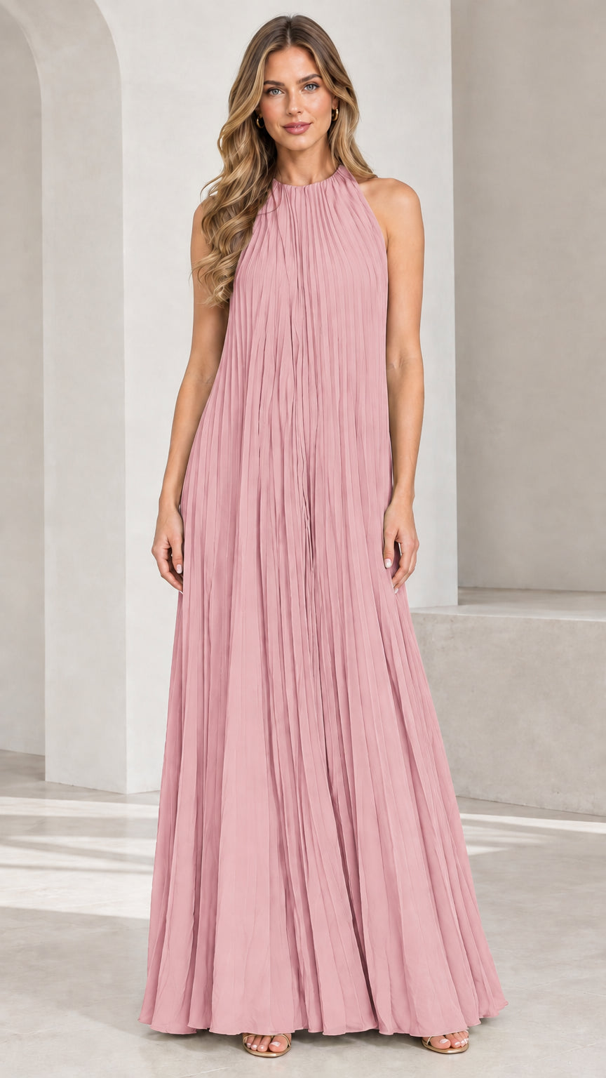 Front view of woman wearing Dusty Pink pleated halter maxi dress