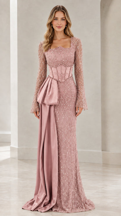 Dusty pink embellished square neck formal gown with side cascade sash
