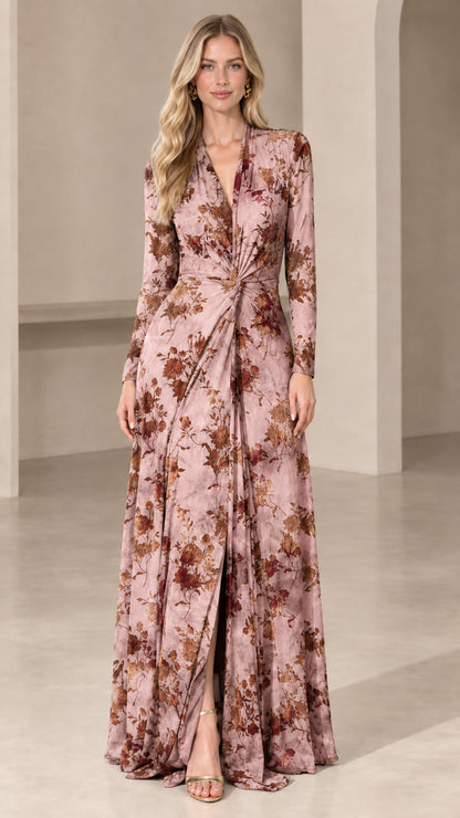Front view of woman wearing dusty pink floral long sleeve twist-front maxi dress