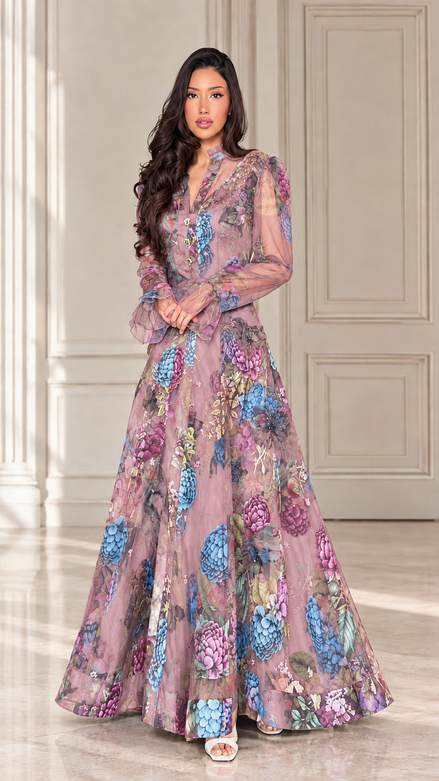 Dusty rose floral organza long sleeve maxi dress