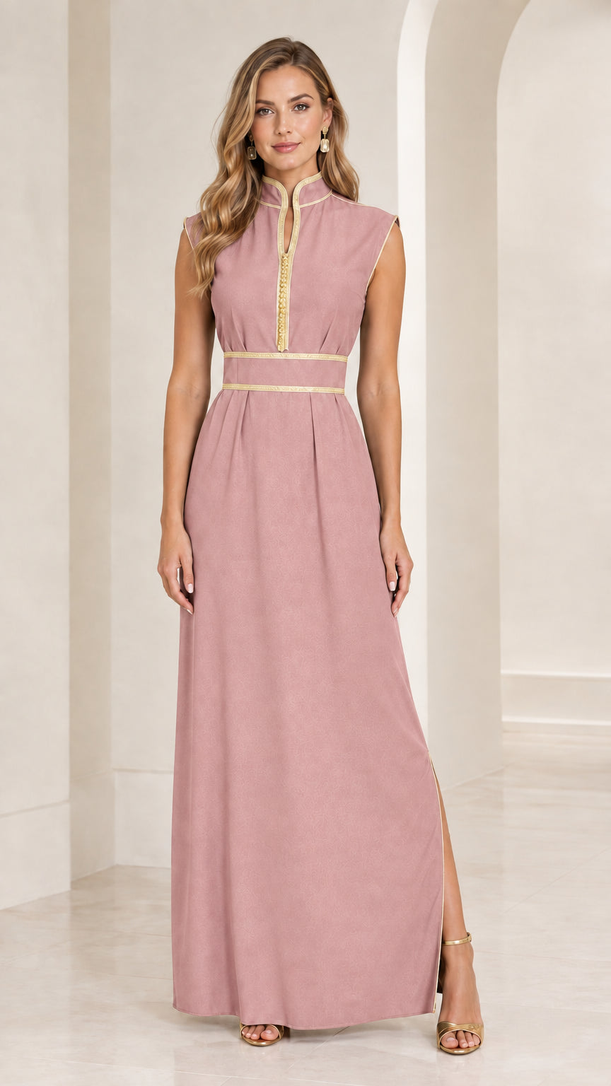 Front view of dusty pink sleeveless mandarin collar maxi dress with gold trim
