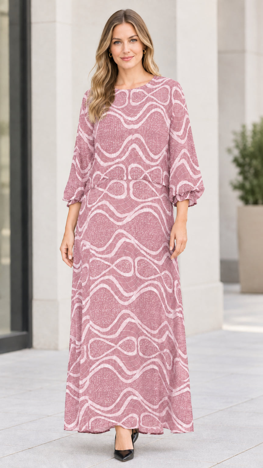Dusty rose abstract wave print long sleeve maxi dress