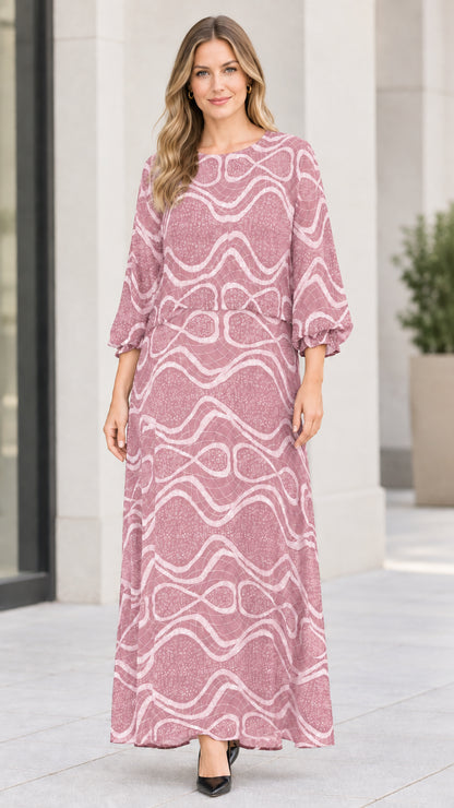 Dusty rose abstract wave print long sleeve maxi dress