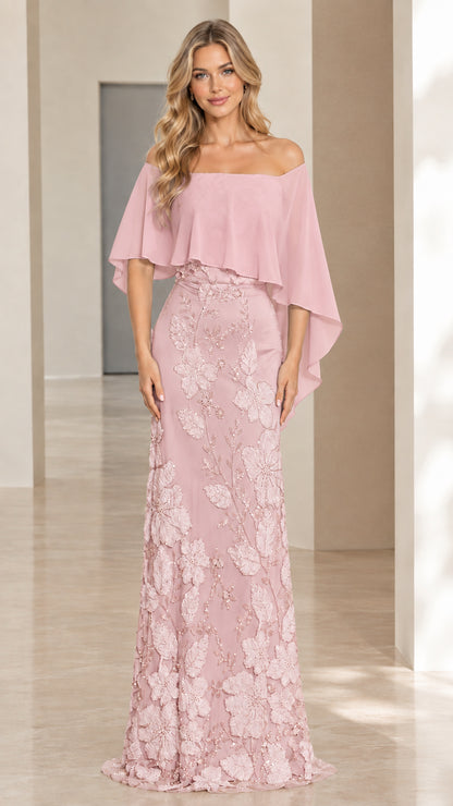 Dusty Pink off-the-shoulder formal maxi dress with chiffon cape
