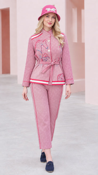 Dusty pink embroidered belted jacket and trousers two-piece set