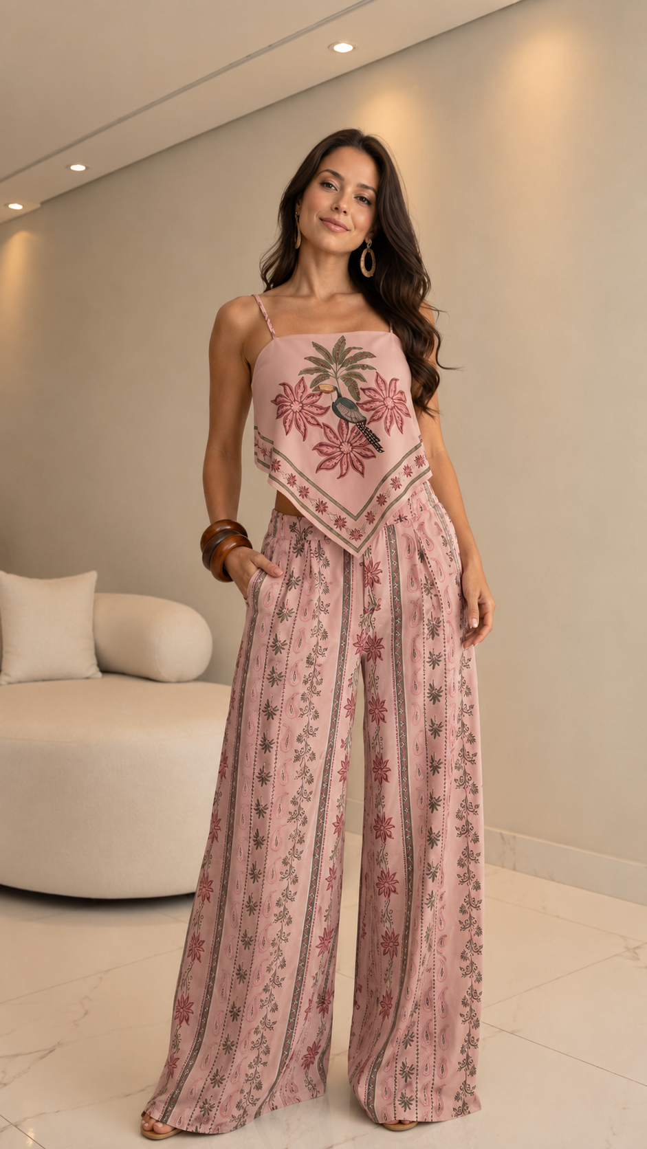 Front view of blush pink floral print cami top and wide leg pants set
