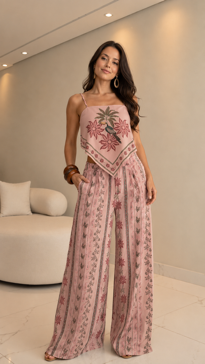 Front view of blush pink floral print cami top and wide leg pants set