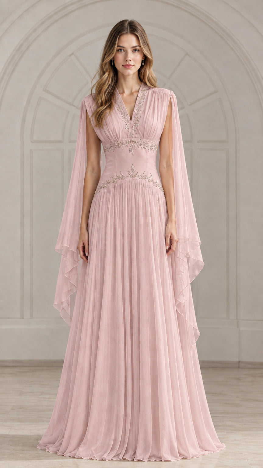 Front view of blush pink beaded V-neck cape sleeve chiffon evening dress