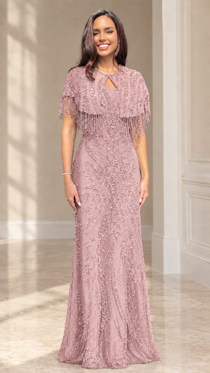 Dusty rose embellished formal gown with beaded capelet and fringe