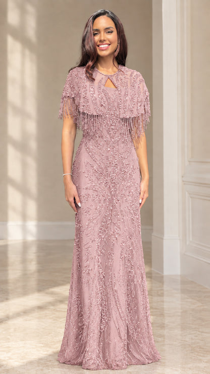 Dusty rose embellished formal gown with beaded capelet and fringe