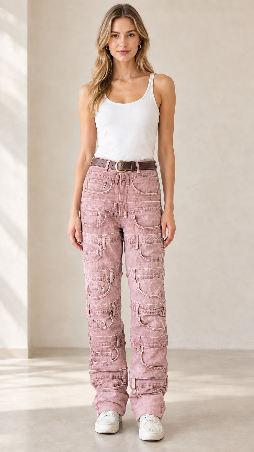 Front full-length view of model wearing dusty pink multi-pocket tiered straight leg jeans