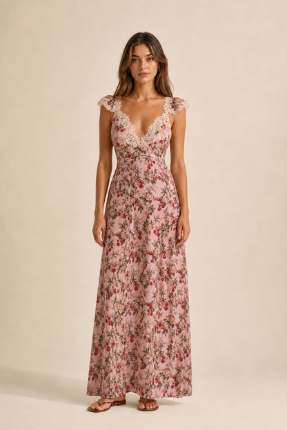 Front view of pink floral print maxi dress