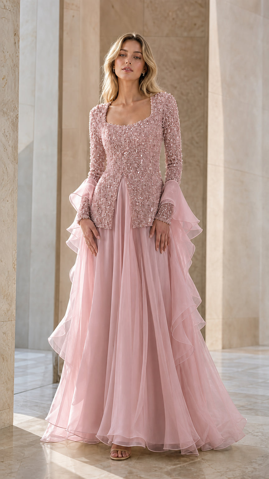 Dusty Pink long sleeve beaded evening dress with ruffled sleeves and tiered skirt