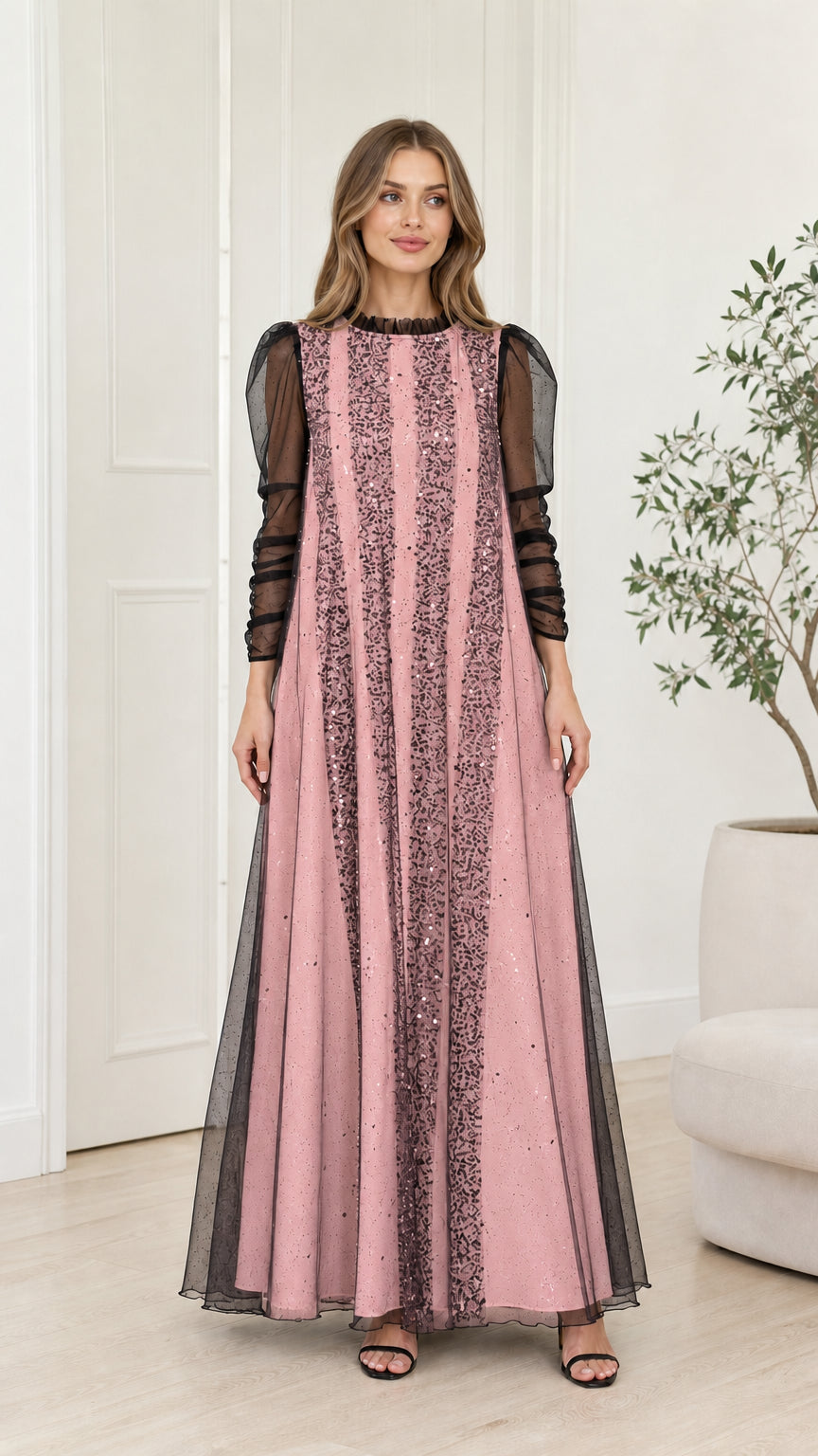 Front view of the Dusty Pink striped sequin tulle maxi gown