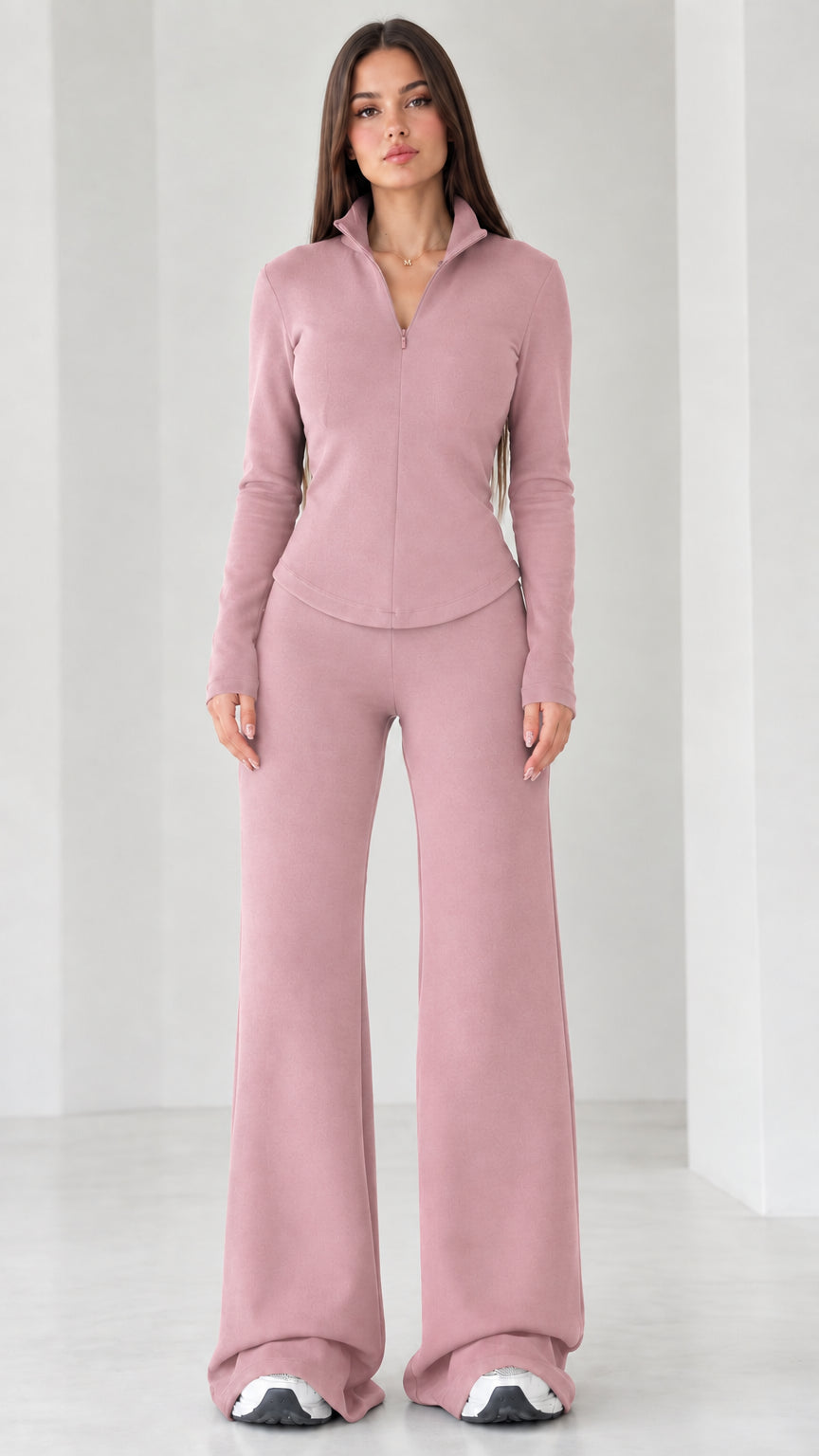 Women's dusty pink quarter-zip top and wide-leg bottoms two-piece set