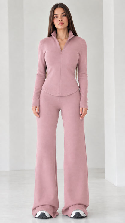 Women's dusty pink quarter-zip top and wide-leg bottoms two-piece set
