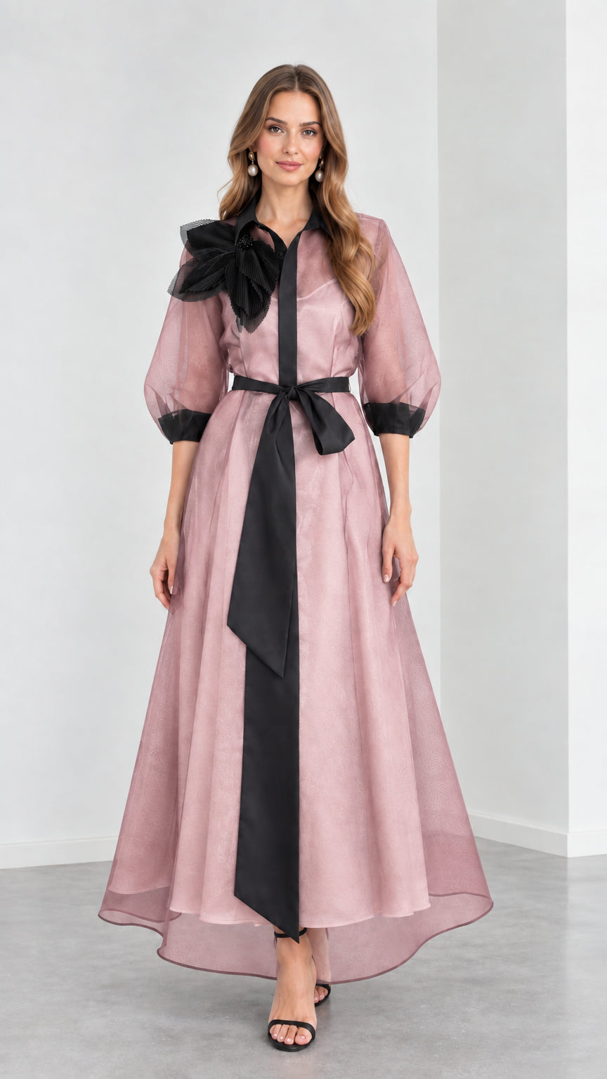 Front view of model wearing Dusty Pink organza maxi shirt dress with black contrast tie waist