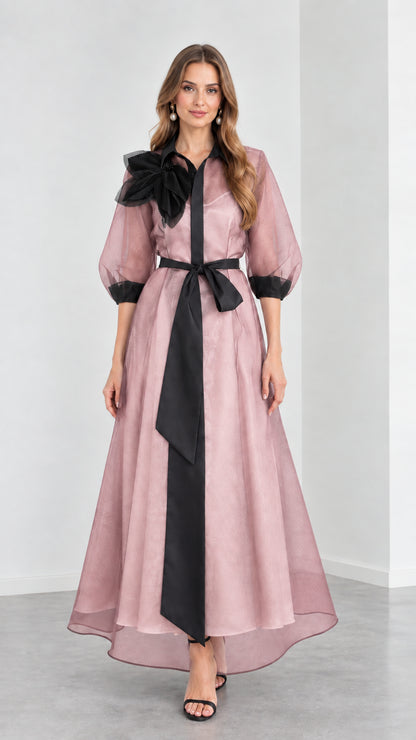 Front view of model wearing Dusty Pink organza maxi shirt dress with black contrast tie waist