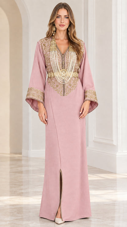Dusty Pink long sleeve embroidered evening kaftan maxi dress
