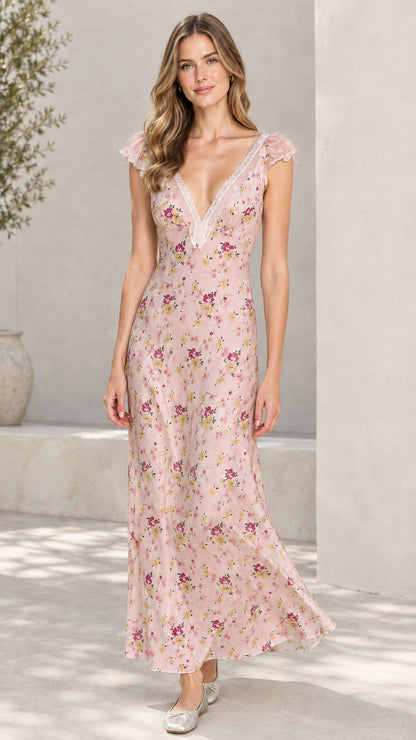 Full-length view of woman wearing soft pink floral lace trim maxi dress