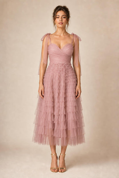 Ethereal Tiered Tulle Midi Dress in Dusty Rose