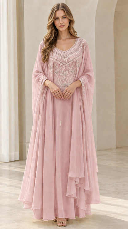 Dusty pink beaded embroidered formal cape maxi dress