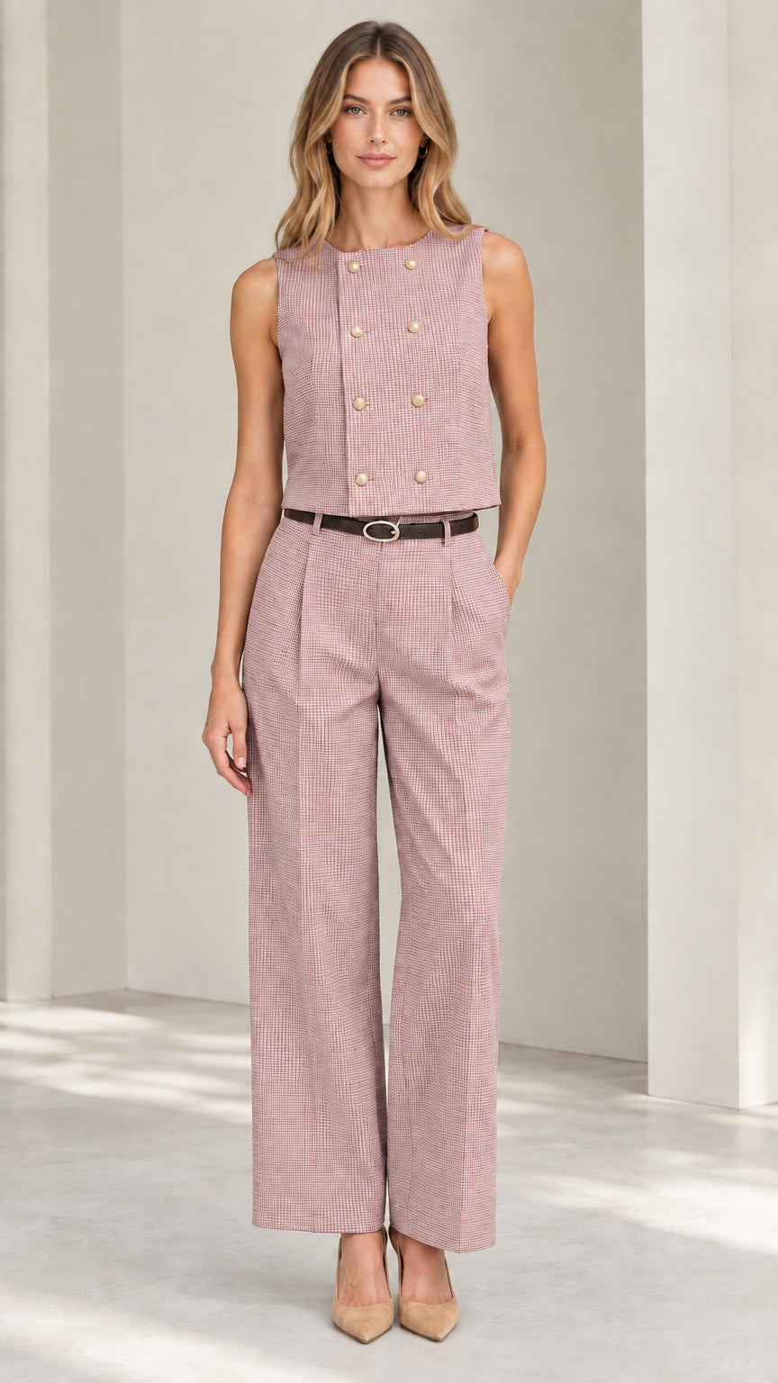 Women's two-piece double breasted vest and wide leg trousers set in dusty pink
