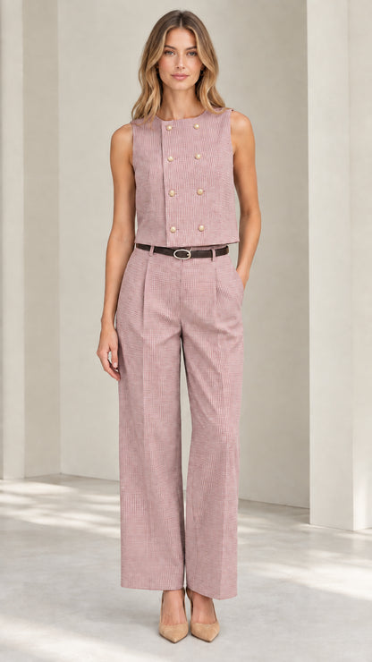 Women's two-piece double breasted vest and wide leg trousers set in dusty pink