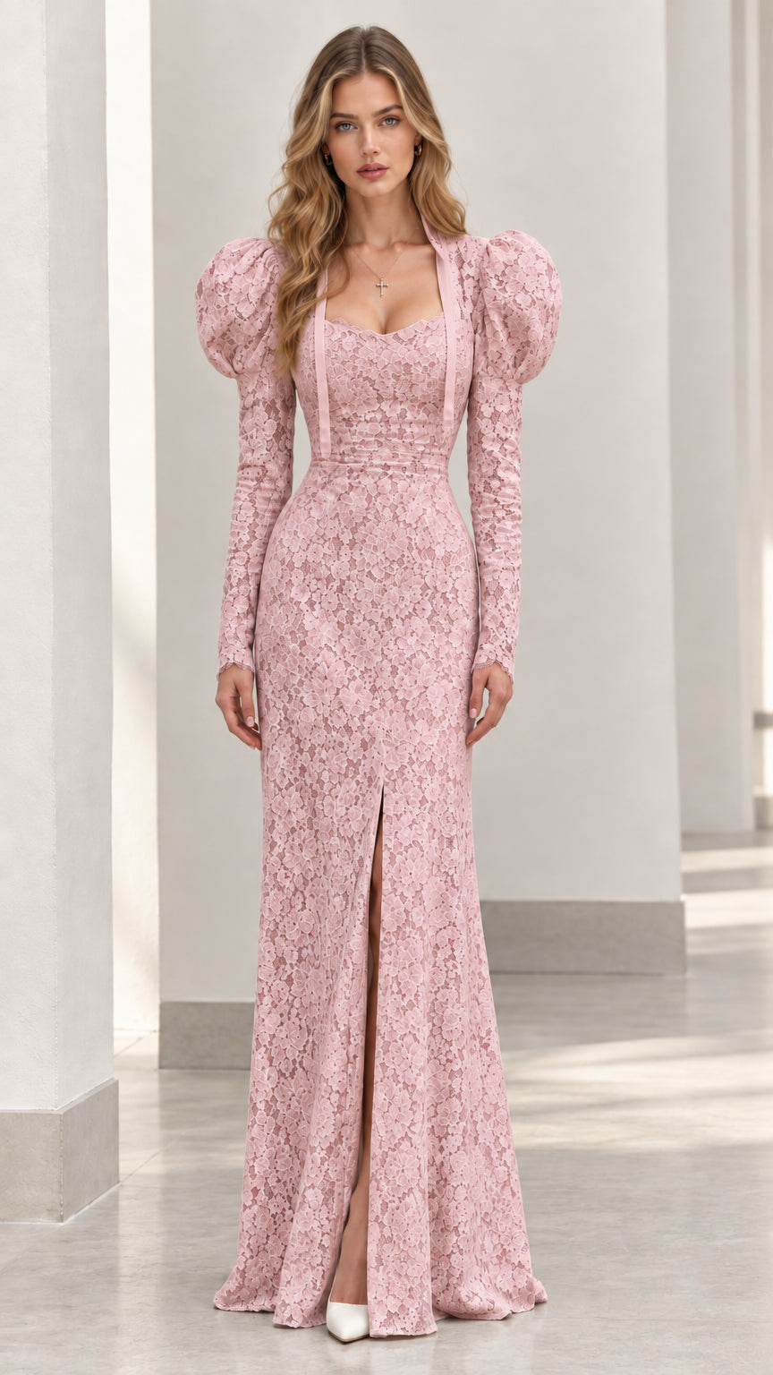 Full-length view of soft pink lace evening gown with puff long sleeves