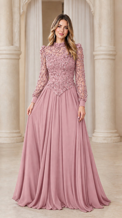 Front full view of woman wearing dusty rose long sleeve beaded lace evening gown