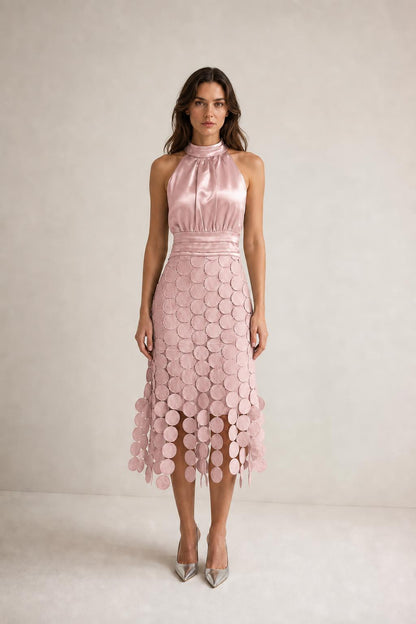 Front view of pink satin halter neck midi dress