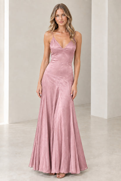 Front view of model wearing Dusty Pink satin spaghetti strap maxi gown