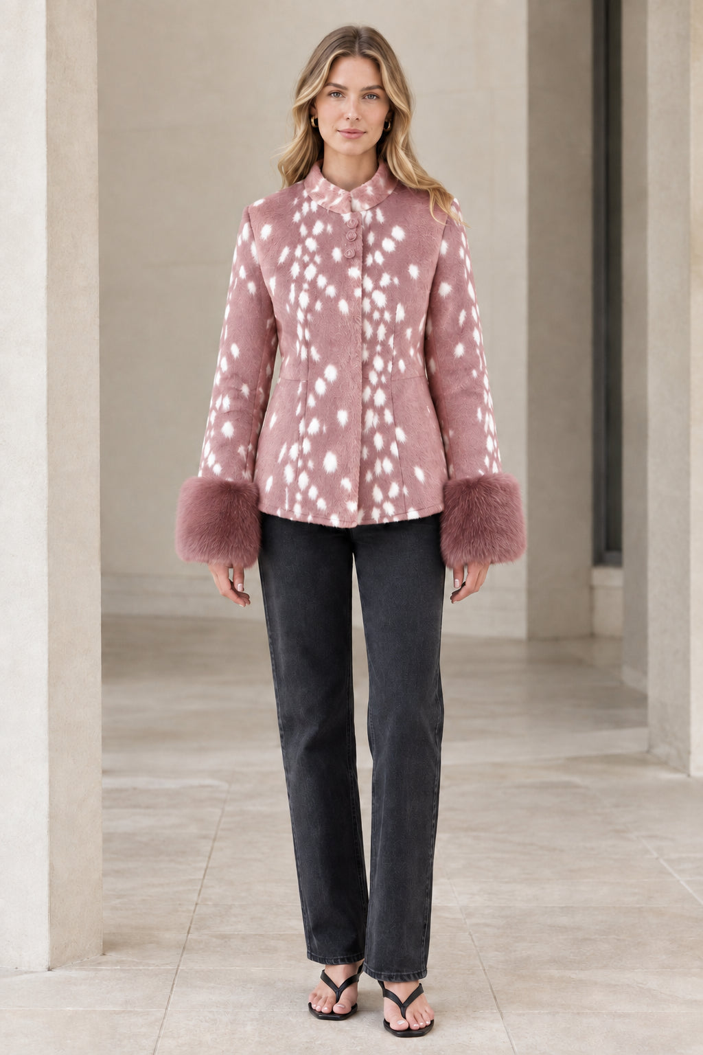 Front view of model wearing pink spotted faux fur jacket with plush cuffs
