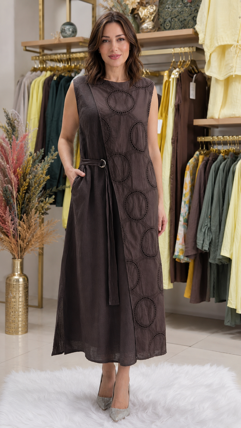 Women's brown sleeveless midi dress with tonal circle detailing and flowing midi length front view