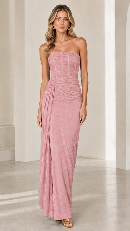 Full front view of dusty pink strapless ruched corset maxi dress