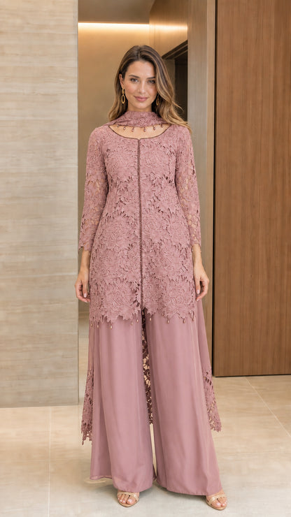 Front view of dusty rose pink floral lace tunic and wide-leg pant two-piece set