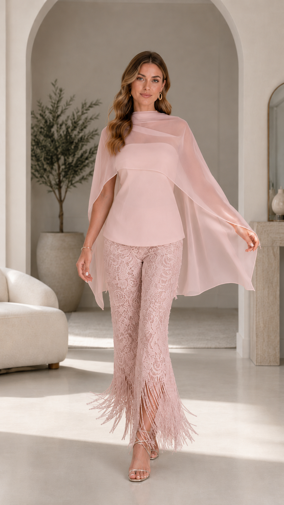 Blush pink cape top and lace fringe pants occasion set front view