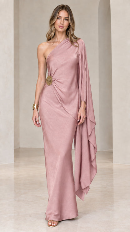 Dusty pink one-shoulder satin floor-length gown with ruched side drape