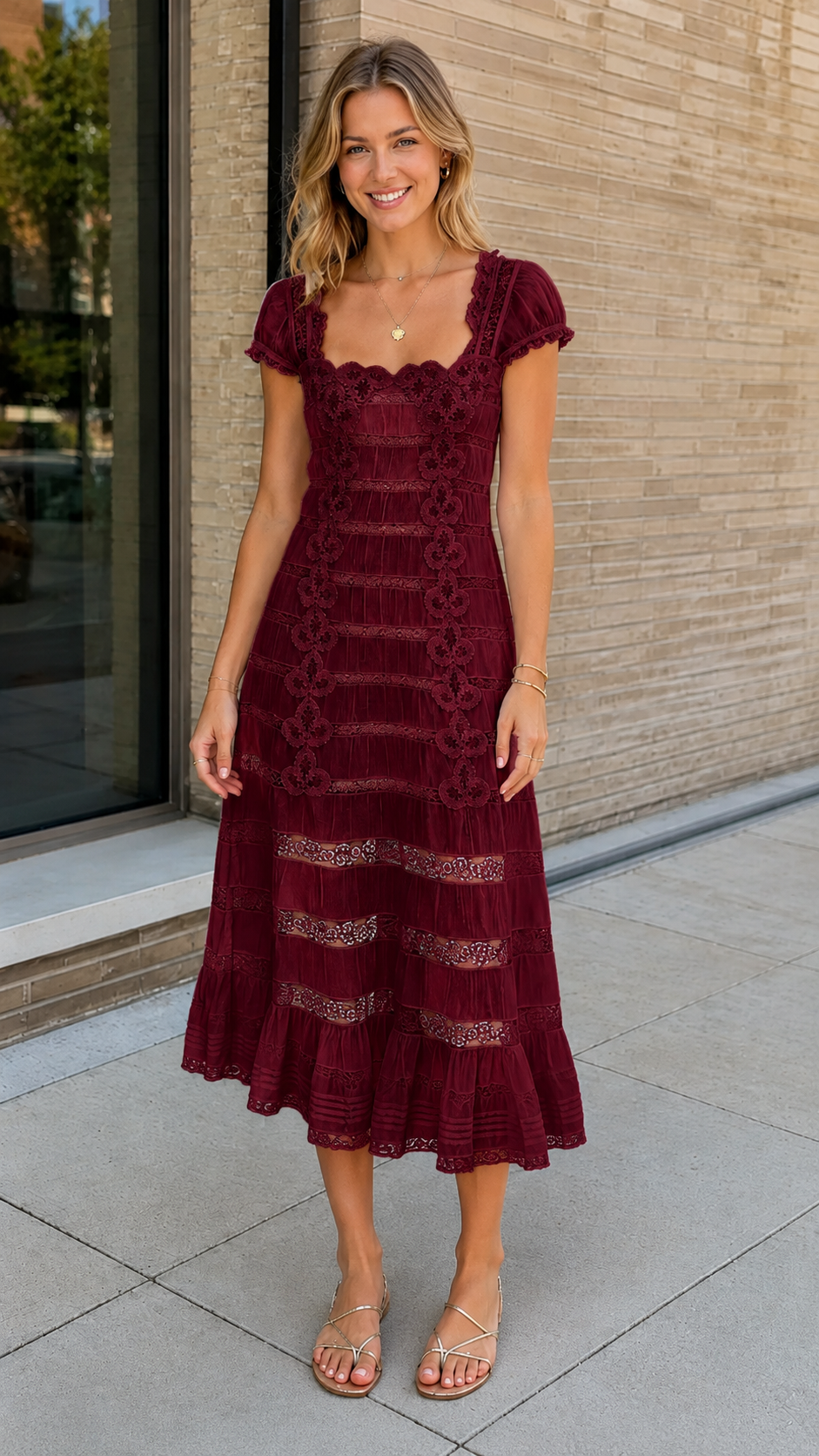 Front view of burgundy scallop neck midi dress with short puff sleeves