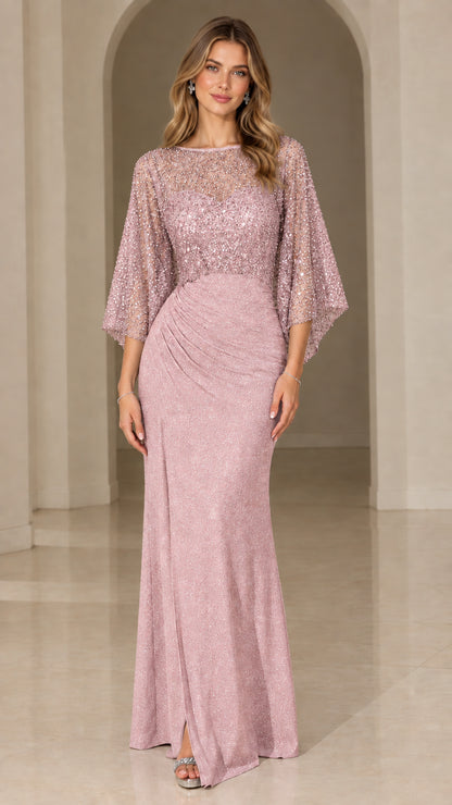 Dusty rose pink sequin capelet evening gown on model