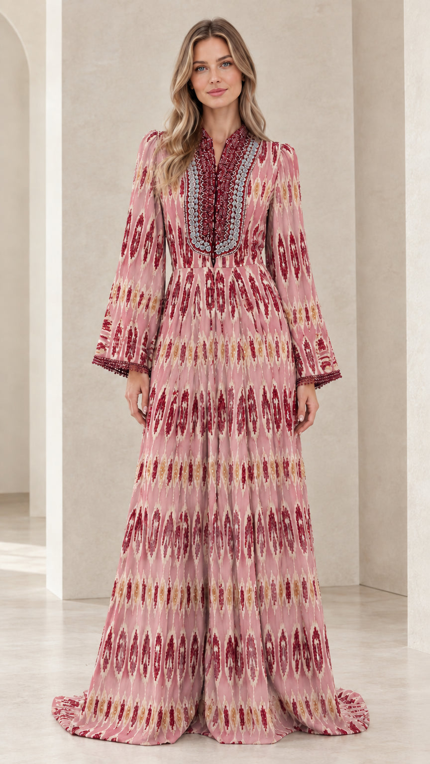Full front view of pink ikat print long sleeve bohemian maxi dress