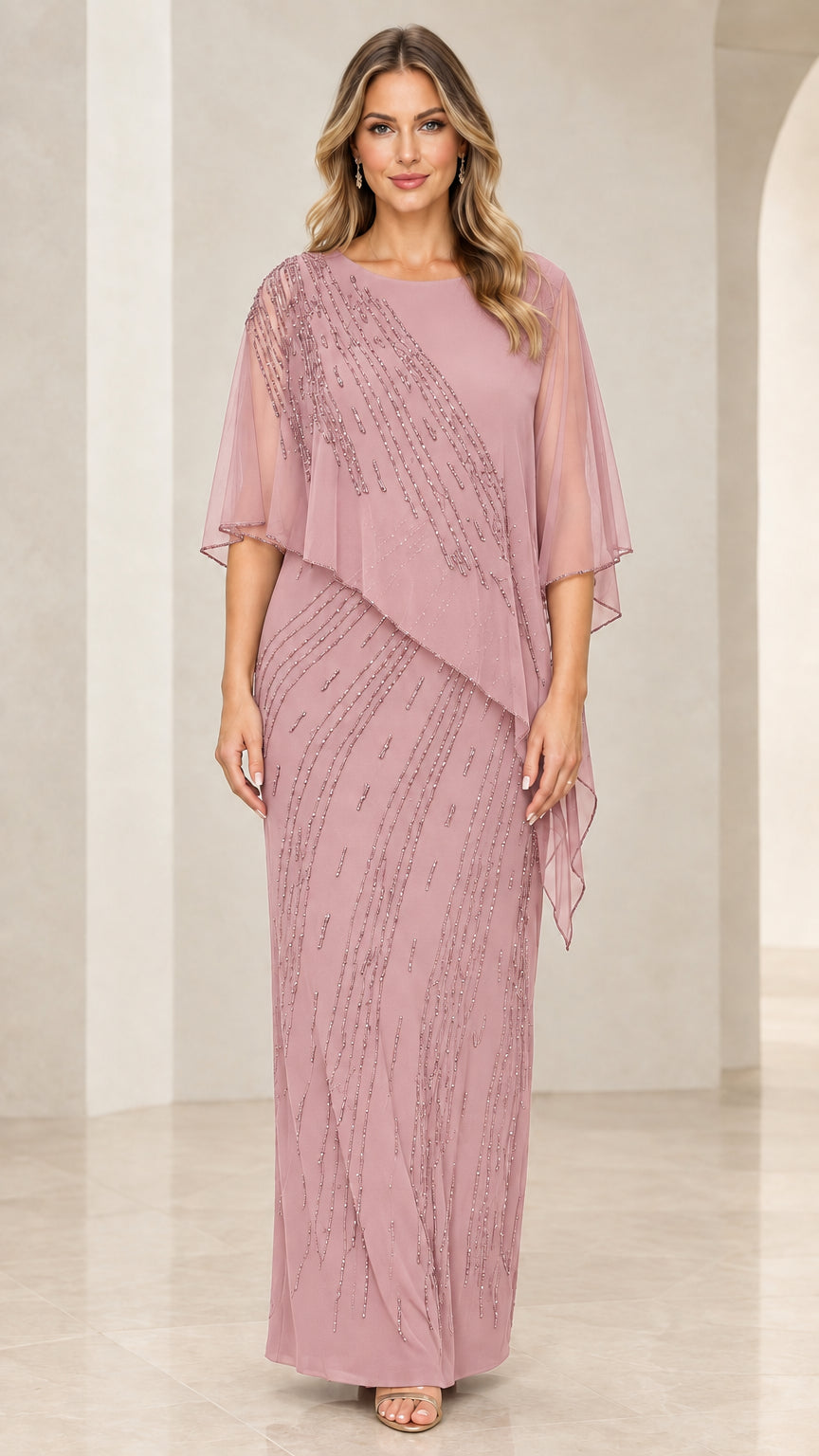 Front view of model wearing Dusty Rose beaded capelet maxi dress