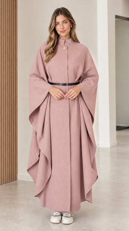 Women's elegant dusty pink belted maxi cape coat