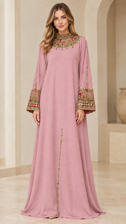 Full front view of Dusty Pink embroidered high neck maxi kaftan dress