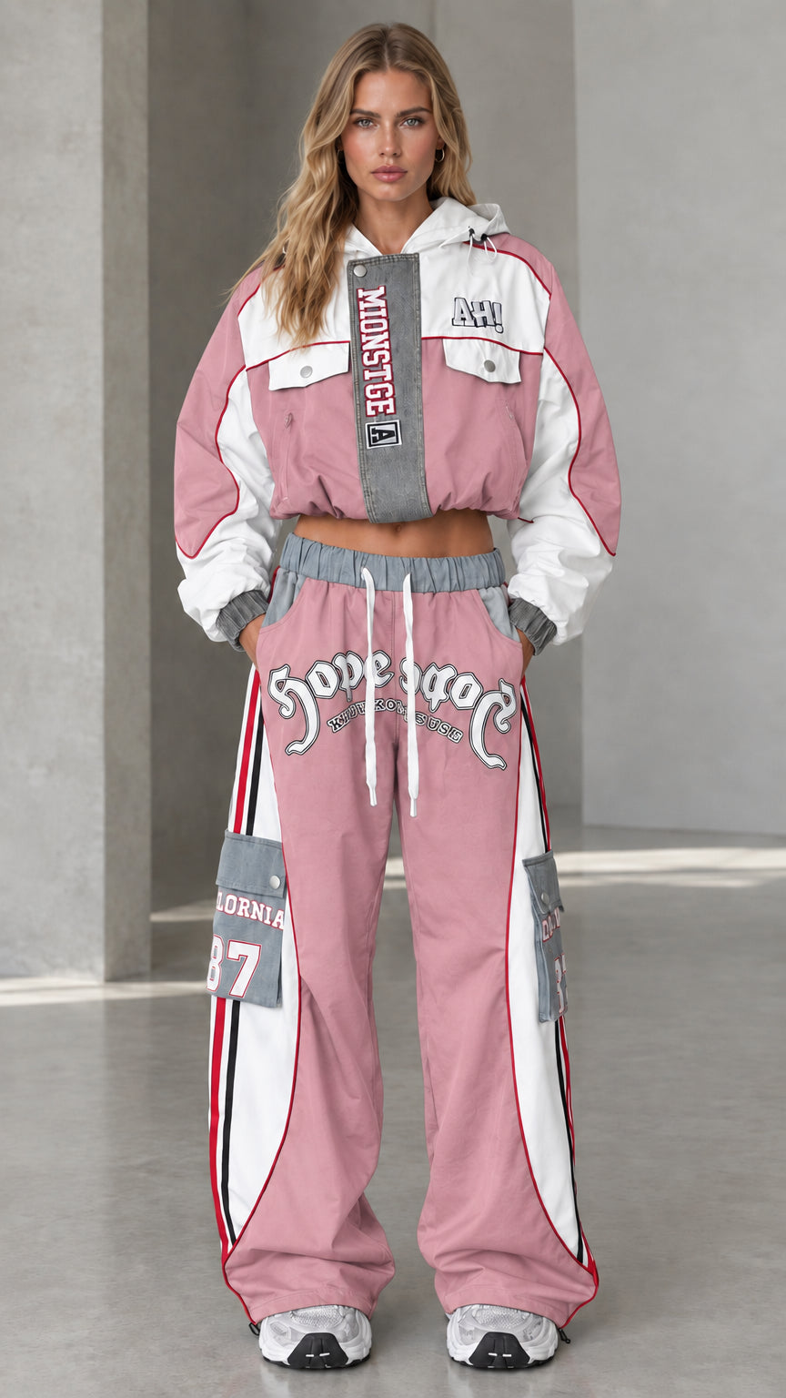 Dusty pink women's two-piece cropped hooded jacket and wide-leg cargo pants set